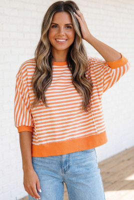 Orange Stripe 3/4 Sleeve Exposed Seam Patchwork Pullover Top LC25230260-P1419