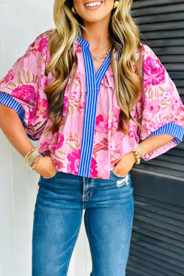 Multicolour Floral Half Sleeve Striped Trim V Neck Blouse LC25137371-P22