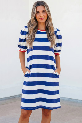 Blue Stripe Contrast Trim Round Neck Short Puff Sleeve Shift Mini Dress LC6128410-P519