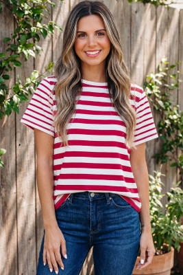 Red Stripe Patchwork Round Neck T Shirt LC25230432-P319