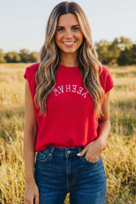 Fiery Red YEEHAW Embroidered Letter Loose Short Sleeve Sweater LC2727534-P3