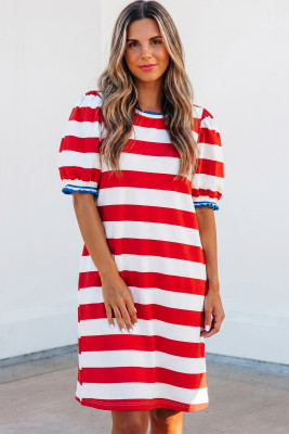 Red Stripe Contrast Trim Round Neck Short Puff Sleeve Shift Mini Dress LC6128410-P319