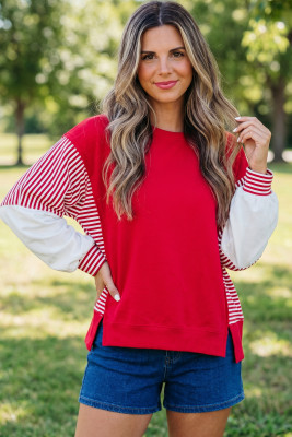 Fiery Red Striped Patchwork Sleeve Colorblock Sweatshirt LC25320654-P3