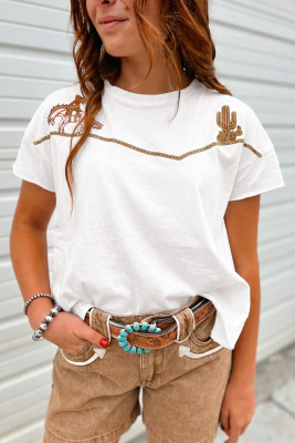 White Western Fashion Embroidered Casual Tee LC25231186-P1