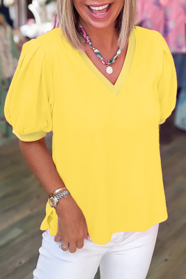 Yellow Solid Color V Neck Short Puff Sleeve Blouse LC25135172-P7