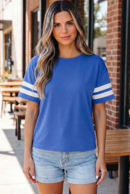Dark Blue Varsity Striped Short Sleeve Crew Neck T Shirt LC25230382-P5