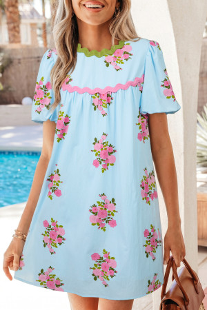 Sky Blue Floral Printed Contrast Ricrac Detail Bubble Sleeve Dress LC6128865-P420