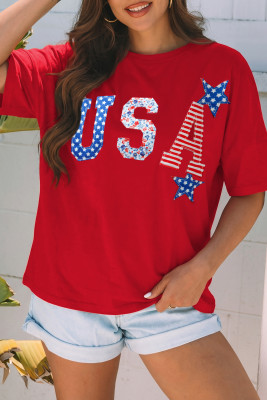 Fiery Red Patriotic USA Slogan Patch Embroidery Short Sleeve T Shirt LC25137170-P3