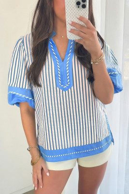 Sky Blue Stripe Color Block Detail V Neck Short Sleeve Blouse DLM25136916-P419