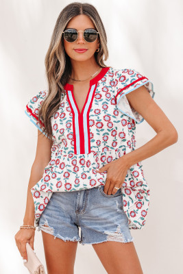 Red Sunflower Printed Contrast Trim V Neck Flutter Sleeve Blouse LC25136547-P10320