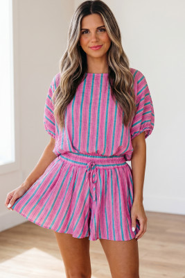 Pink Stripe Dolman Short Sleeve Blouse Drawstring Elastic Waist Loose Short Set LC629227-P1019