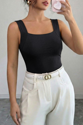 Black Solid Color Wide Strap Splicing Athleisure Tank Top LC25613898-P2