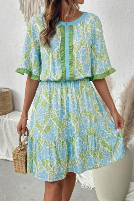 Sky Blue Floral Print High Waist Ruffle Short Sleeve Mini Dress LC6128882-P420