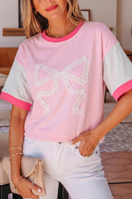 Gossamer Pink Embroidered Bow Detail Color Block Loose Tee LC25231305-P1710