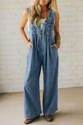 Dusk Blue Acid Wash Pintuck Tie V Neck Denim Wide Leg Jumpsuit LC789347-P704