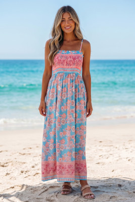 Sky Blue Bohemian Ethnic Print Spaghetti Straps Vacation Maxi Dress LC6128374-P420