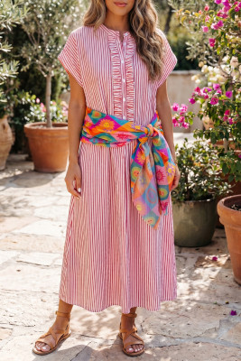 Red Stripe Frilled Detail Half Buttons Short Sleeve Long Dress LC6128209-P319