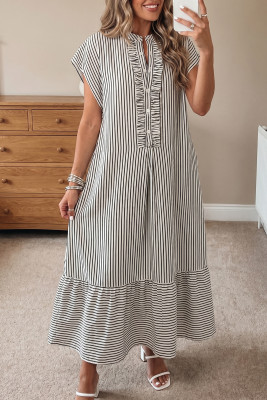 Black Stripe Frilled Detail Half Buttons Short Sleeve Long Dress LC6128209-P219