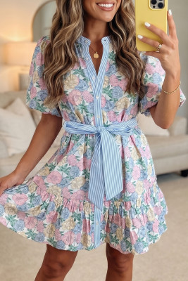 White Floral Print Striped Contrast Trim Belted Short Dress LC6128288-P120