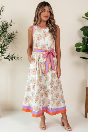 White Floral Print Color Block Trim Belted Sleeveless Maxi Dress LC6128139-P120