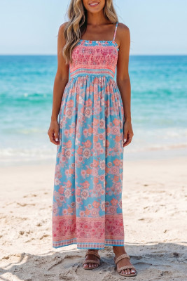 Sky Blue Bohemian Ethnic Print Spaghetti Straps Vacation Maxi Dress LC6128374-P420
