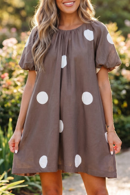 Brown Polka Dot Print Knot Back Short Puff Sleeve Loose Mini Dress LC6128588-P1720