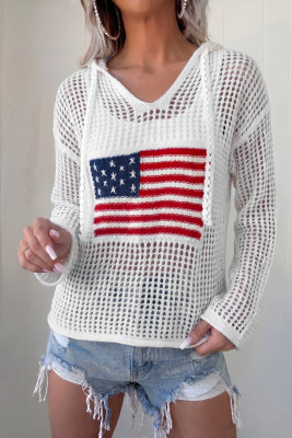 White Hollow Out Crochet Knit American Flag Patched Sweater Hoodie LC2728177-P1