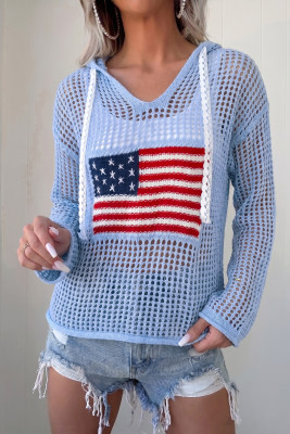 Beau Blue Hollow Out Crochet Knit American Flag Patched Sweater Hoodie LC2728177-P804