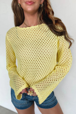 Yellow Cream Scalloped Trim Hollow Out Knit Long Sleeve Top LC2771689-P107