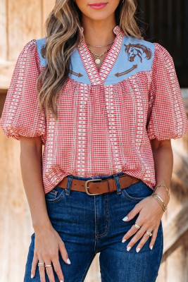 Red Western Pony Embroidered Yoke Puff Sleeve Gingham Blouse LC25136729-P322
