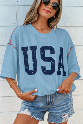 Beau Blue USA Graphic Half Sleeve Loose Ribbed Top LC25136759-P804