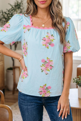 Sky Blue Floral Printed Contrast Ricrac Detail Bubble Sleeve Blouse LC25137162-P420