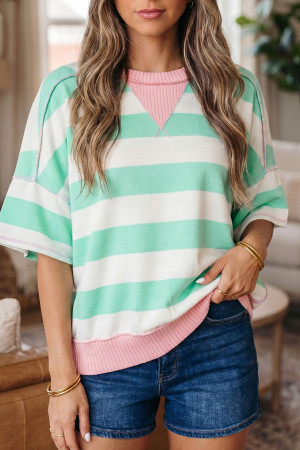 Green Stripe Exposed Seam Ribbed Patchwork Oversized Tee LC25231306-P919