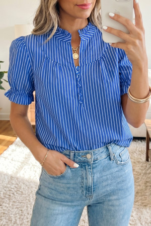 Blue Stripe Ruffled Short Puff Sleeve Button Front Blouse LC25137091-P519