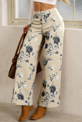 Beige Retro Floral Print Turn-up Cuffed Hem Loose Jeans LC7876700-P1520