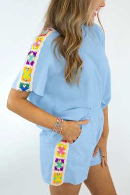 Mist Blue Granny Square Crochet Detail Short 2pcs Set LC629369-P204
