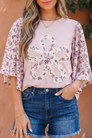 Pink Contrast Floral Patched Flowy Half Sleeve Blouse LC25135353-P10