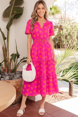 Rose Double Polka Dot Short Sleeve Shirred High Waist Midi Dress LC6128937-P620