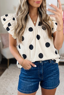 Apricot Casual Polka Dot V-Neck Ruffle Short Sleeve Shift Blouse LC25136808-P1820