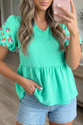 Mint Green Frilled V Neck Flower Embroidered Puff Sleeve Textured Blouse LC25135846-P1009