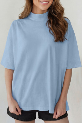 Beau Blue Solid Color High Neck Oversize Tee LC25231614-P804