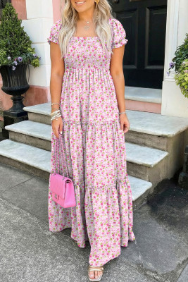 Pink Floral Short Bubble Sleeve Shirred High Waist Maxi Dress LC6119041-P1020