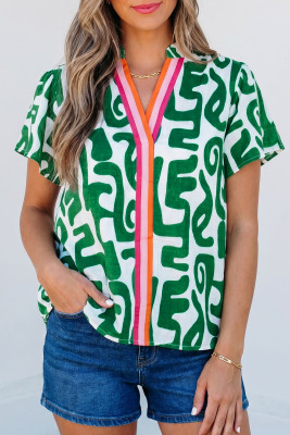Green Abstract Print Striped Trim V Neck Short Sleeve Blouse LC25137110-P920
