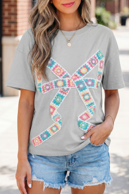 Light Grey Floral Crochet Ribbon Bow Patched Cotton T Shirt LC25230362-P1011