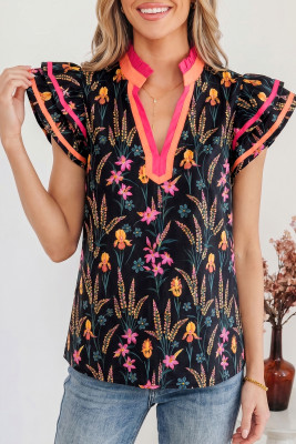 Black Floral Print Contrast Trim Tiered Ruffled Short Sleeve Blouse LC25136730-P220