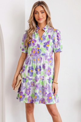 Purple Floral V Collar Short Sleeve Tiered Ruffle Mini Dress LC6128225-P820