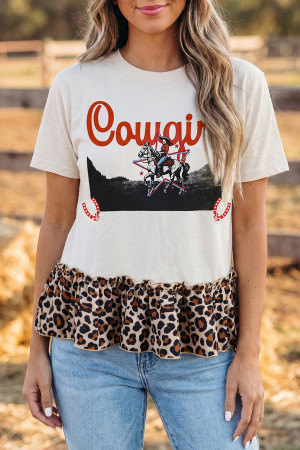 White Retro COWGIRL Print Leopard Ruffle Hem Patchwork T Shirt LC25231226-P101