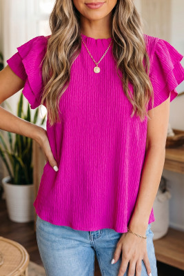 Rose Red Solid Color Textured Ruffle Trim Short Sleeve Blouse LC25137353-P6