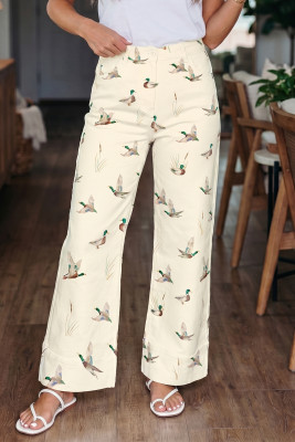 Beige Stylish Mallard Printed Cuffed Hem Shift Jeans LC7876980-P1520
