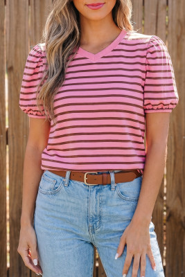 Rose Stripe Striped V-Neck Ribbed Collar Cuff Gathering Puff Sleeve Top LC25231403-P619
